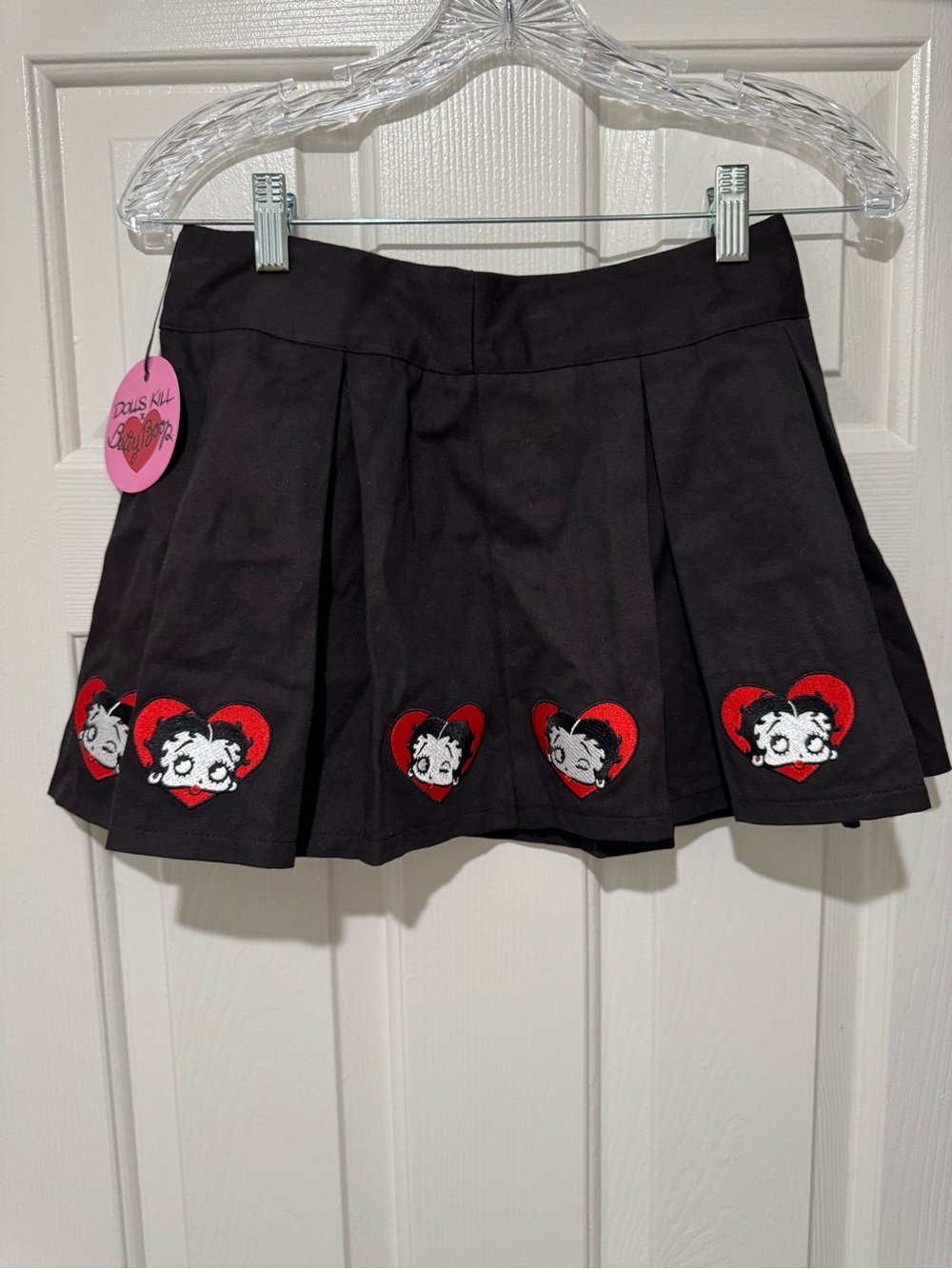 Dolls Kill Black Pleated Mini Skirt with Red Heart Character Appliqués